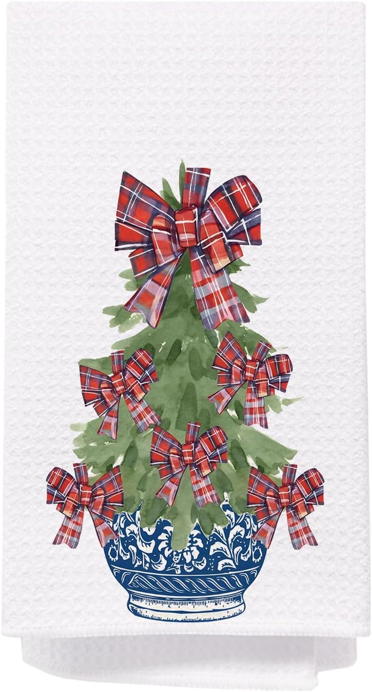 SPBL&L Christmas Kitchen Towels, Chinoiserie Christmas Red Tartan Plaid Bow Tree Decorative Hand Towels for Bathroom, Christmas Dish Towels for Kitchen, Christmas Kitchen Bathroom Decor, 16x24 Inch - Image 1
